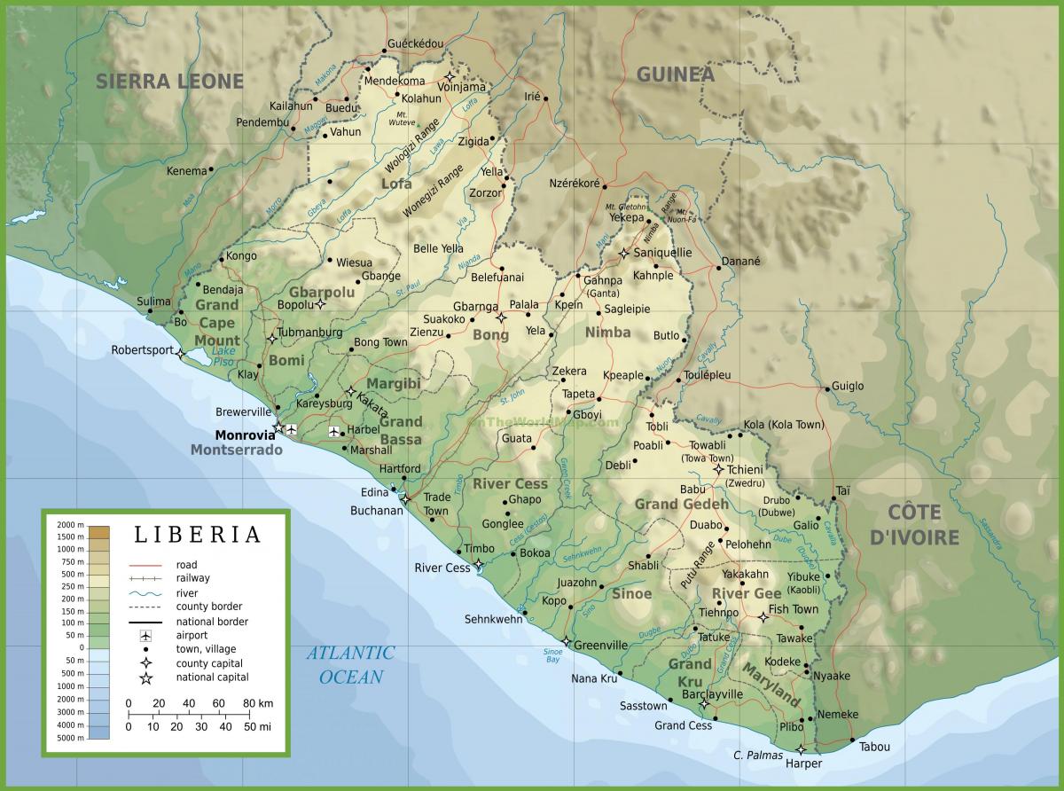 zeichnen Sie die physische Karte von Liberia