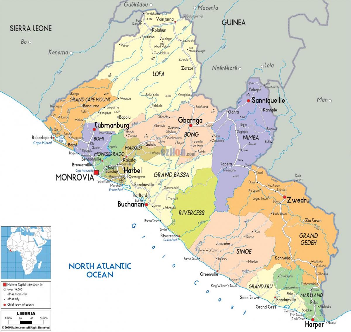 die politische Karte von Liberia