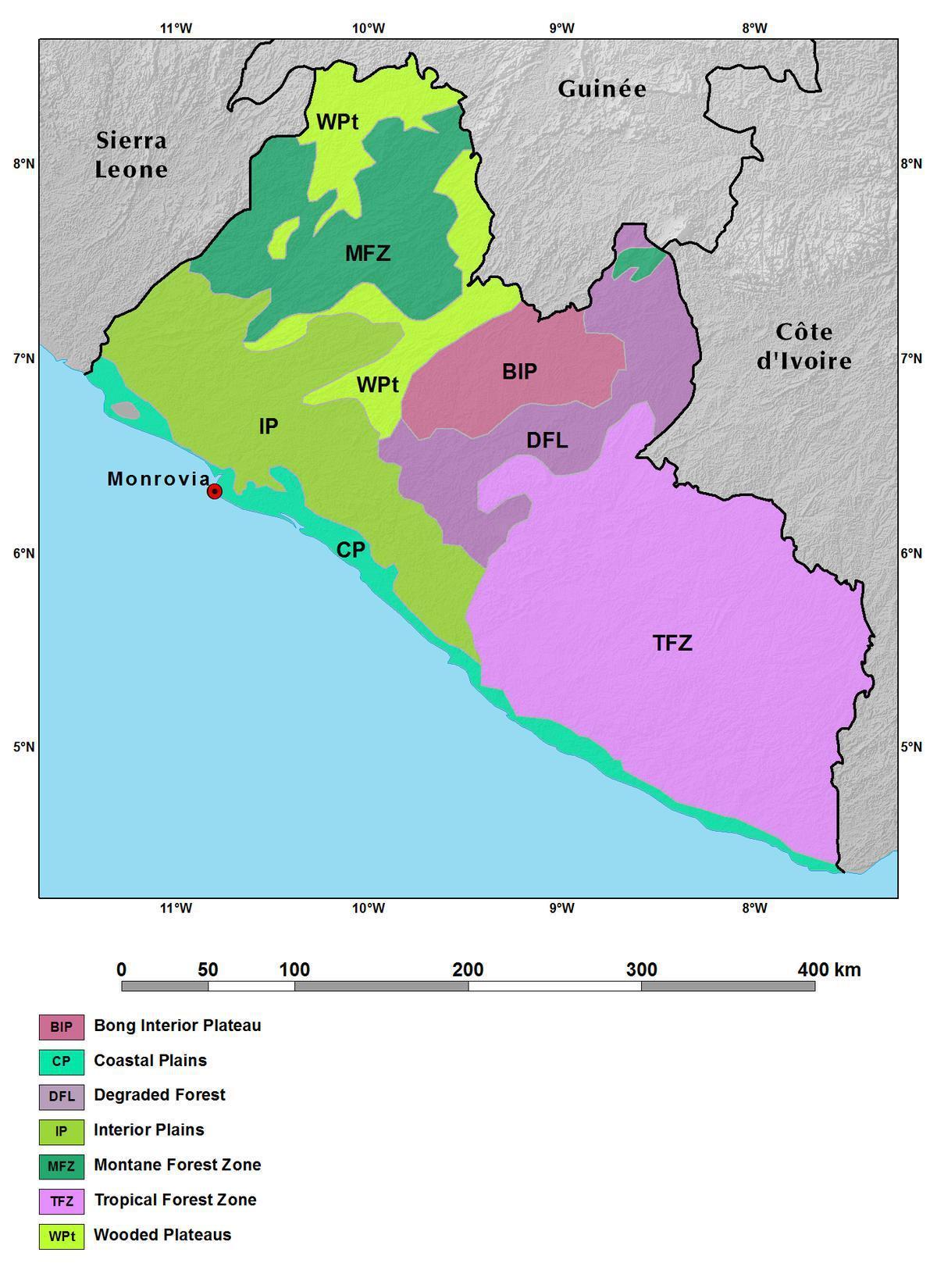 Karte von Liberia Bergen